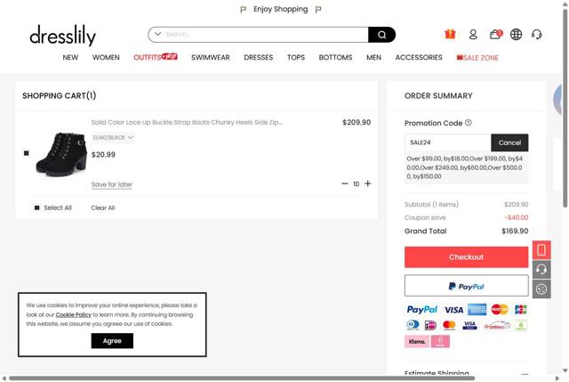 Dresslily checkout page showing Dresslily promo code box | Screenshot taken by SimplyCodes community member on Sep 13, 2025