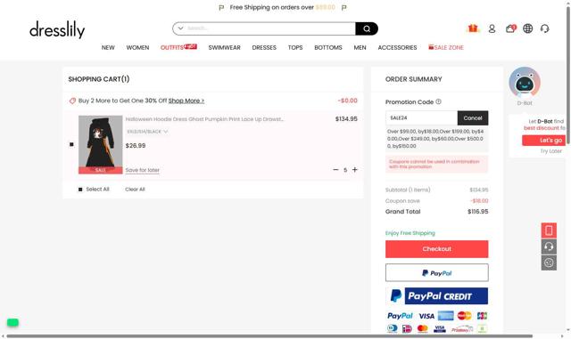 Dresslily checkout page showing Dresslily promo code box | Screenshot taken by SimplyCodes community member on Sep 13, 2025