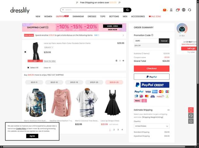 Dresslily checkout page showing Dresslily promo code box | Screenshot taken by SimplyCodes community member on Sep 6, 2025