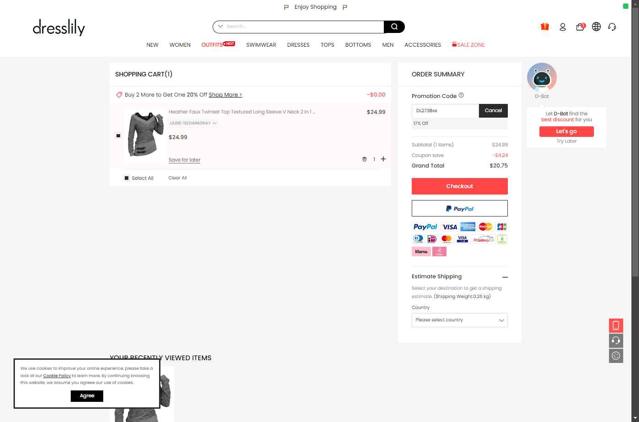 Dresslily checkout page showing Dresslily promo code box | Screenshot taken by SimplyCodes community member on Sep 10, 2025