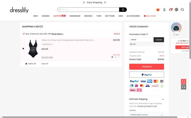 Dresslily checkout page showing Dresslily promo code box | Screenshot taken by SimplyCodes community member on Aug 19, 2025