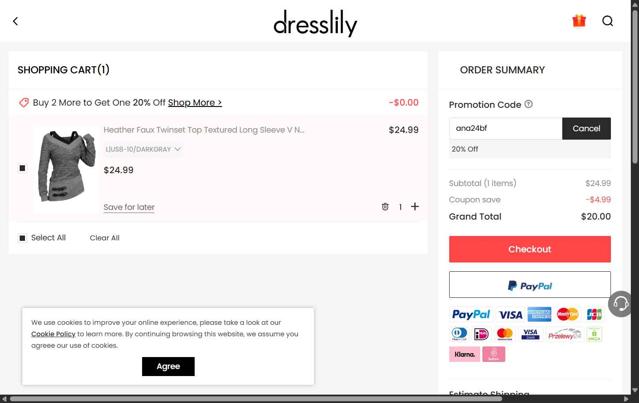 Dresslily checkout page showing Dresslily promo code box | Screenshot taken by SimplyCodes community member on Sep 9, 2025