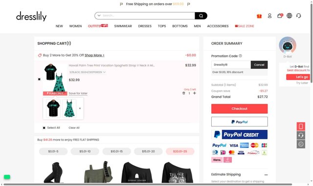 Dresslily checkout page showing Dresslily promo code box | Screenshot taken by SimplyCodes community member on Aug 27, 2025