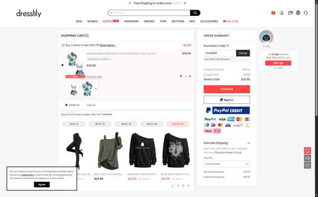 Dresslily checkout page showing Dresslily promo code box | Screenshot taken by SimplyCodes community member on Aug 27, 2025