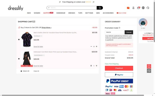 Dresslily checkout page showing Dresslily promo code box | Screenshot taken by SimplyCodes community member on Aug 22, 2025