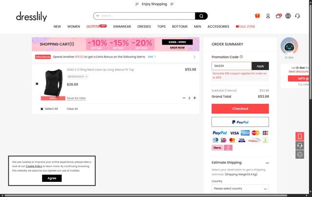 Dresslily checkout page showing Dresslily promo code box | Screenshot taken by SimplyCodes community member on Sep 2, 2025