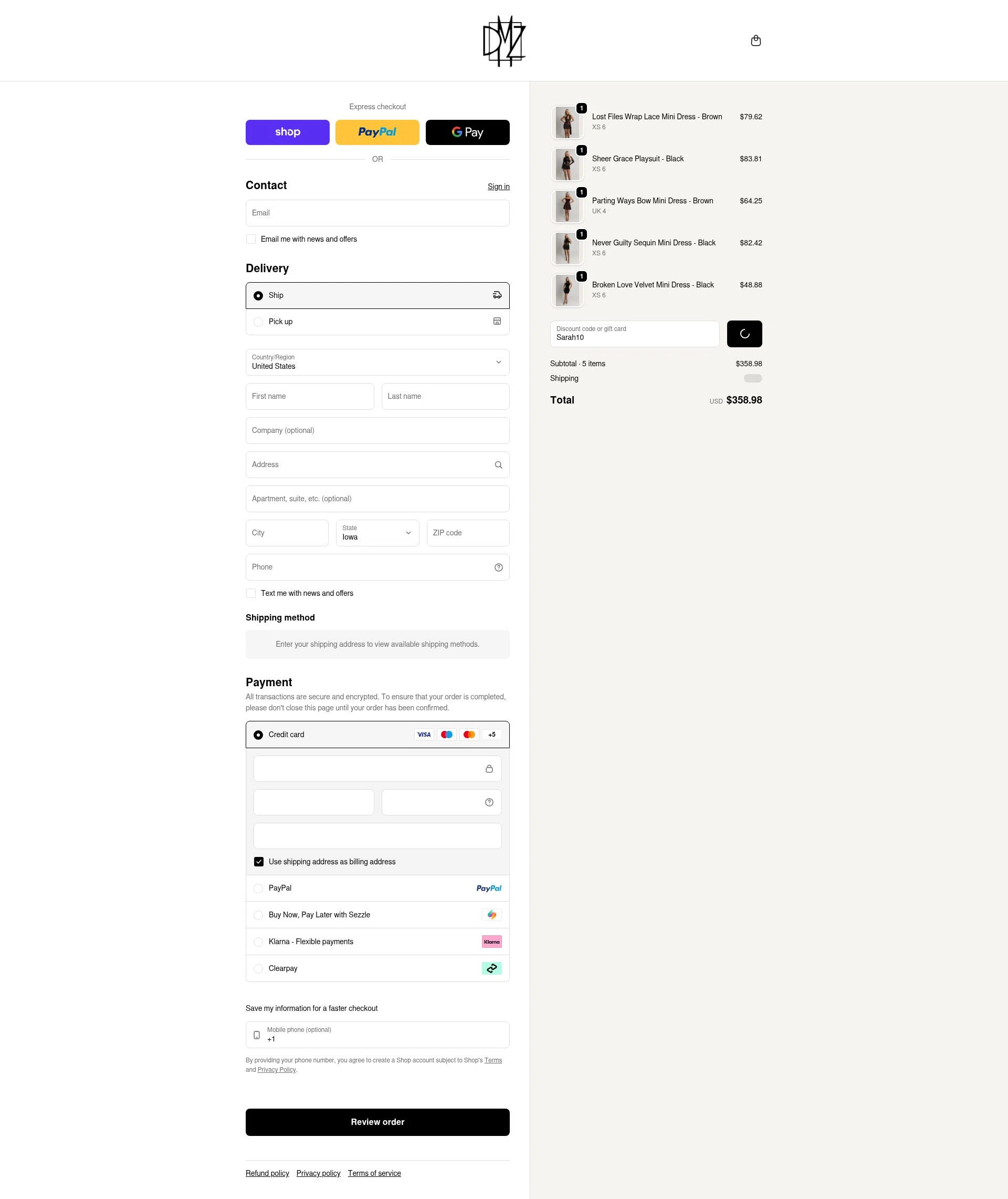 Dress Me Zee checkout page showing Dress Me Zee discount code box | Screenshot taken by SimplyCodes community member on Feb 3, 2026