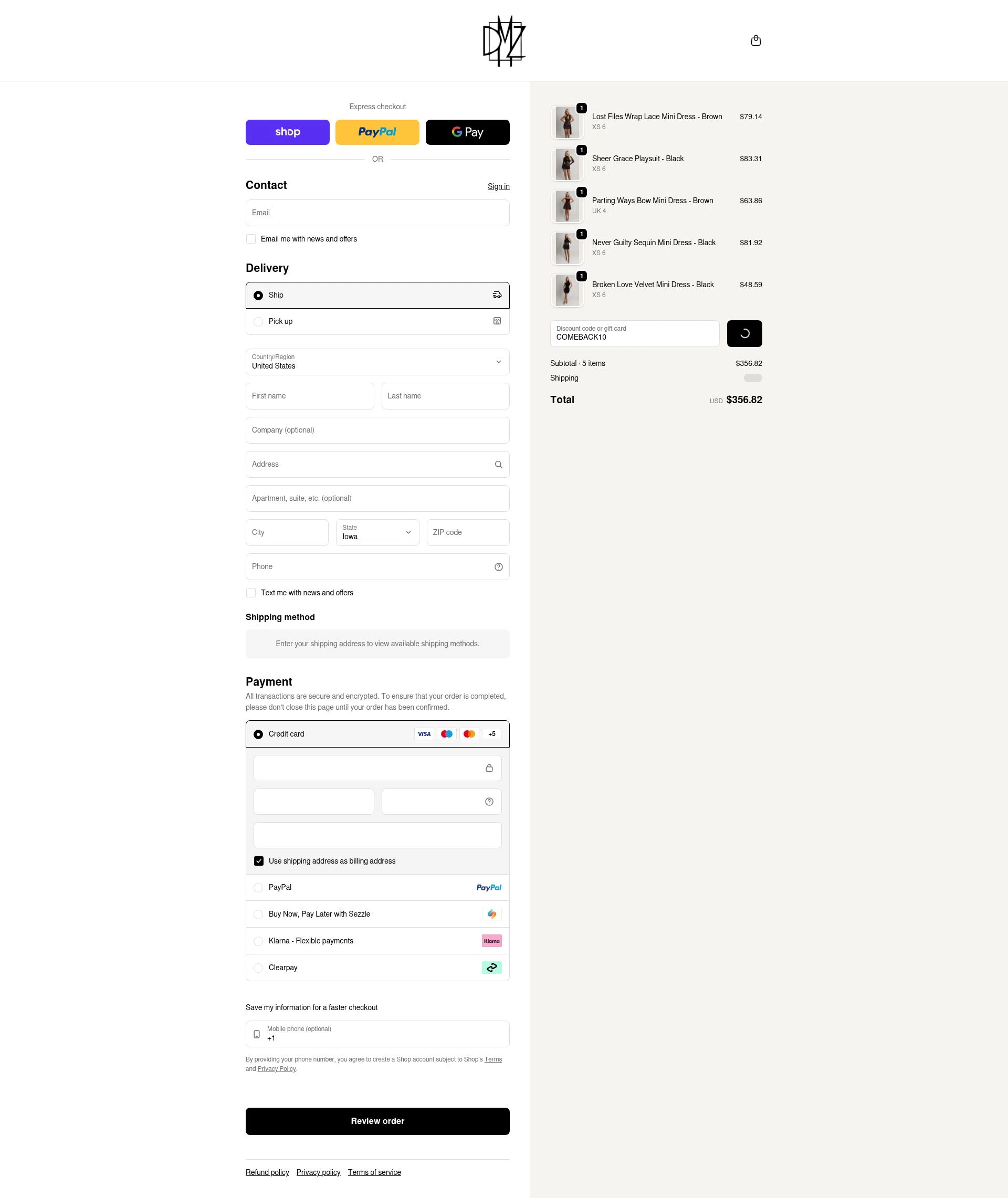 Dress Me Zee checkout page showing Dress Me Zee discount code box | Screenshot taken by SimplyCodes community member on Feb 7, 2026
