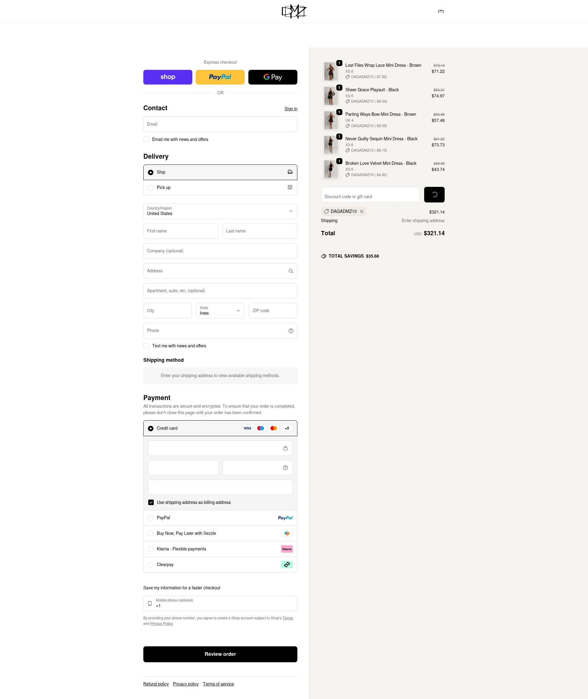 Dress Me Zee checkout page showing Dress Me Zee discount code box | Screenshot taken by SimplyCodes community member on Feb 7, 2026