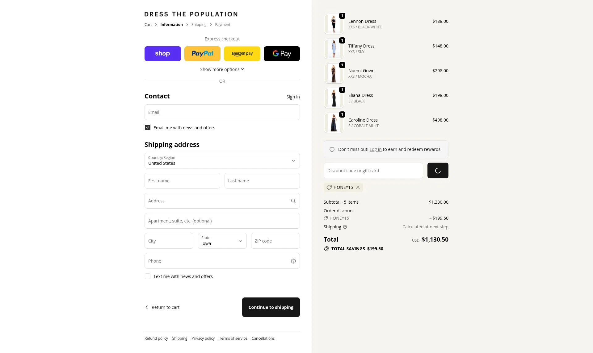 Dress the Population checkout page showing Dress the Population coupon code box | Screenshot taken by SimplyCodes community member on Feb 13, 2026