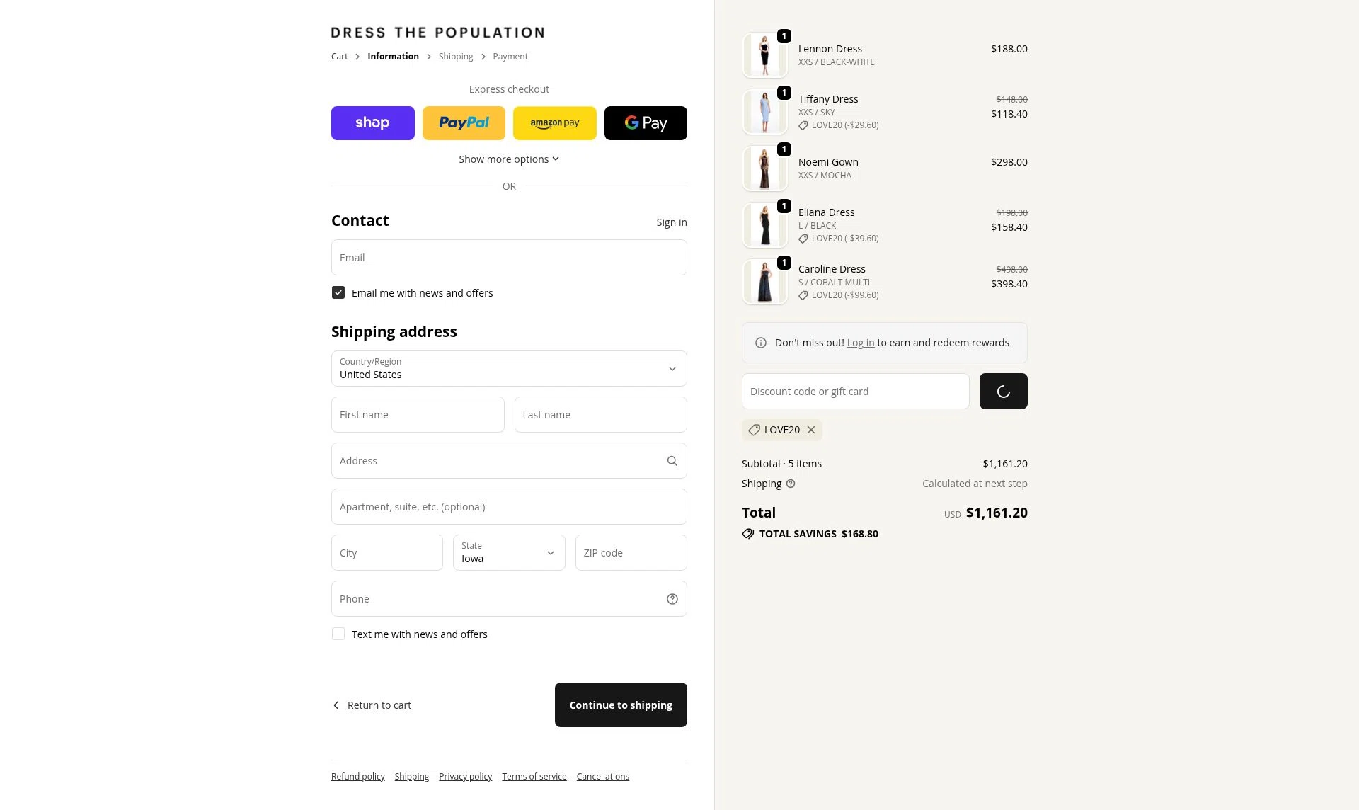 Dress the Population checkout page showing Dress the Population coupon code box | Screenshot taken by SimplyCodes community member on Feb 13, 2026