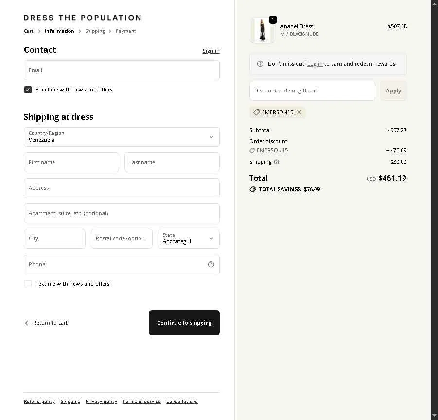 Dress the Population checkout page showing Dress the Population coupon code box | Screenshot taken by SimplyCodes community member on Feb 9, 2026