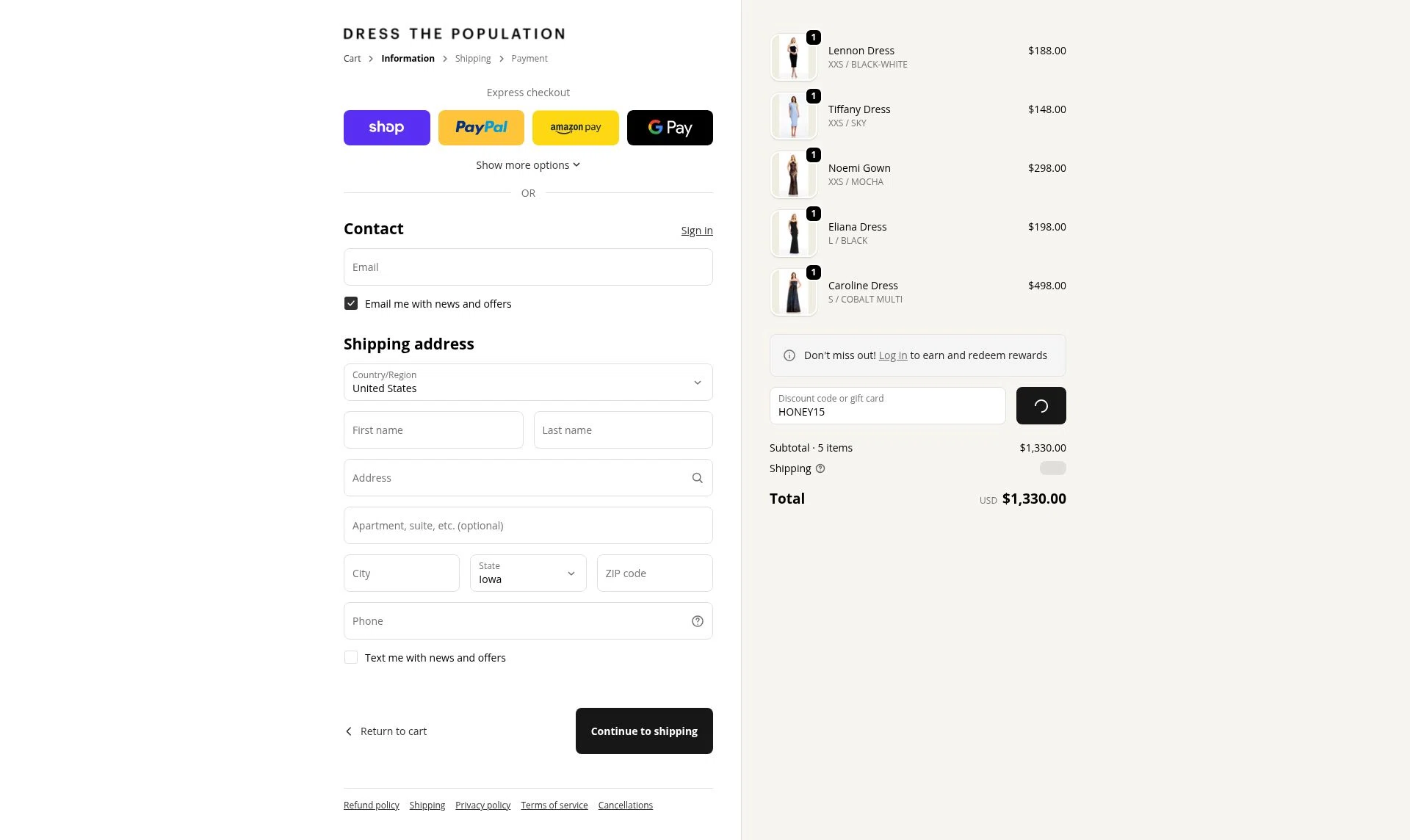Dress the Population checkout page showing Dress the Population coupon code box | Screenshot taken by SimplyCodes community member on Feb 5, 2026