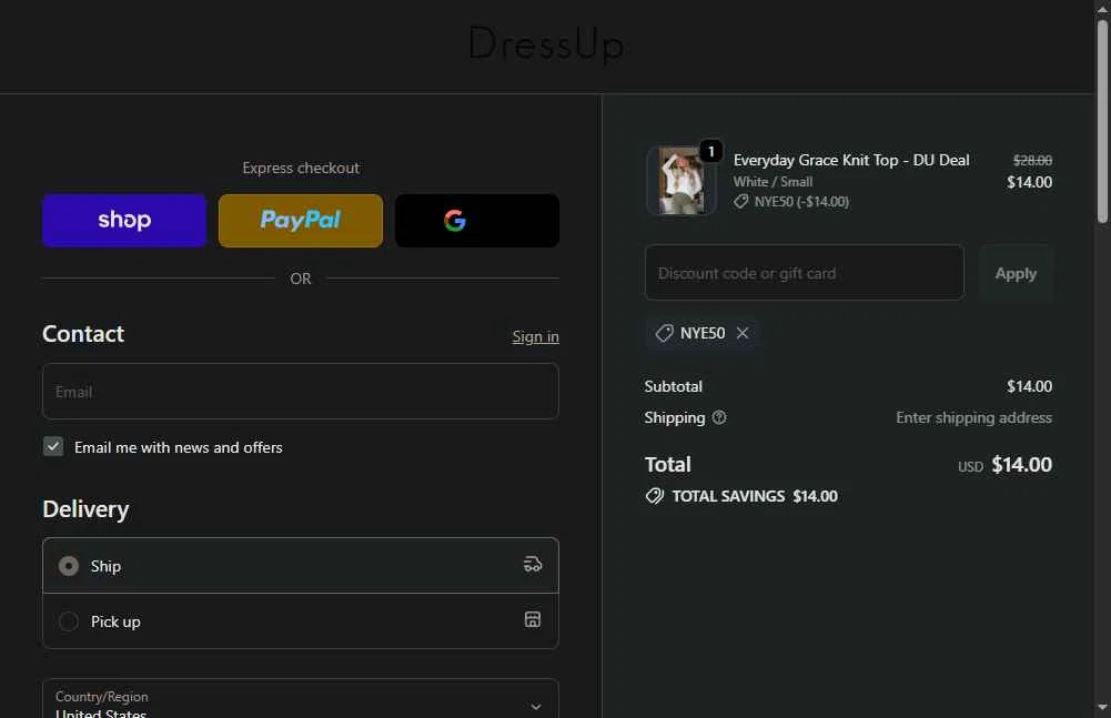 Dress Up checkout page showing Dress Up coupon code box | Screenshot taken by SimplyCodes community member on Jan 1, 2026