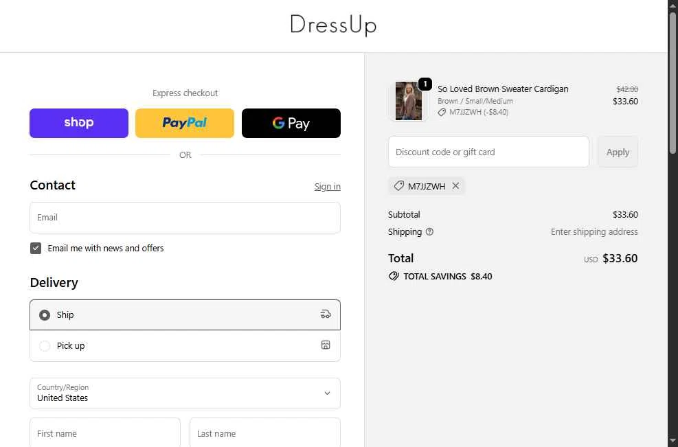 Dress Up checkout page showing Dress Up coupon code box | Screenshot taken by SimplyCodes community member on Dec 28, 2025