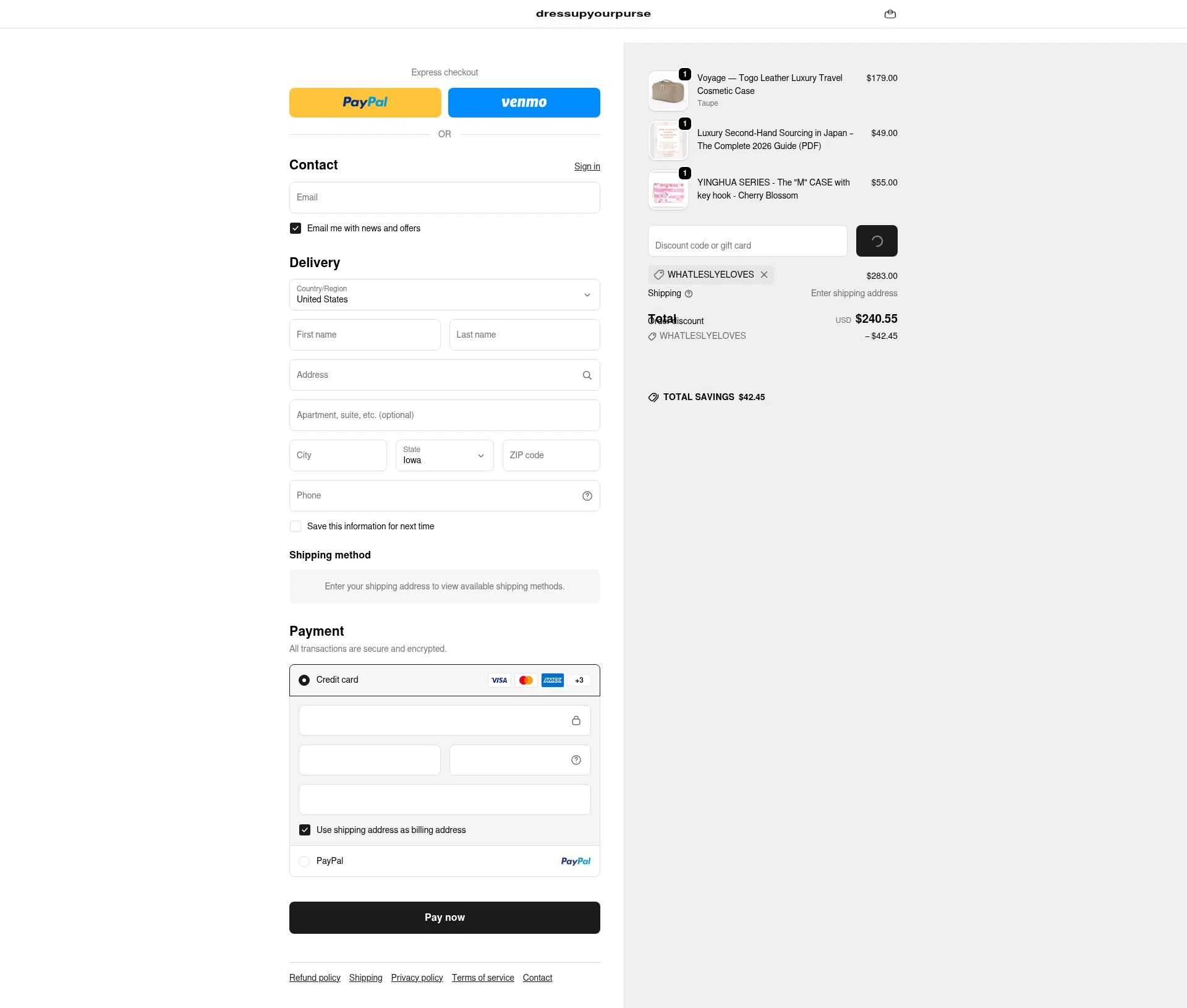 dressupyourpurse checkout page showing dressupyourpurse discount code box | Screenshot taken by SimplyCodes community member on Feb 7, 2026