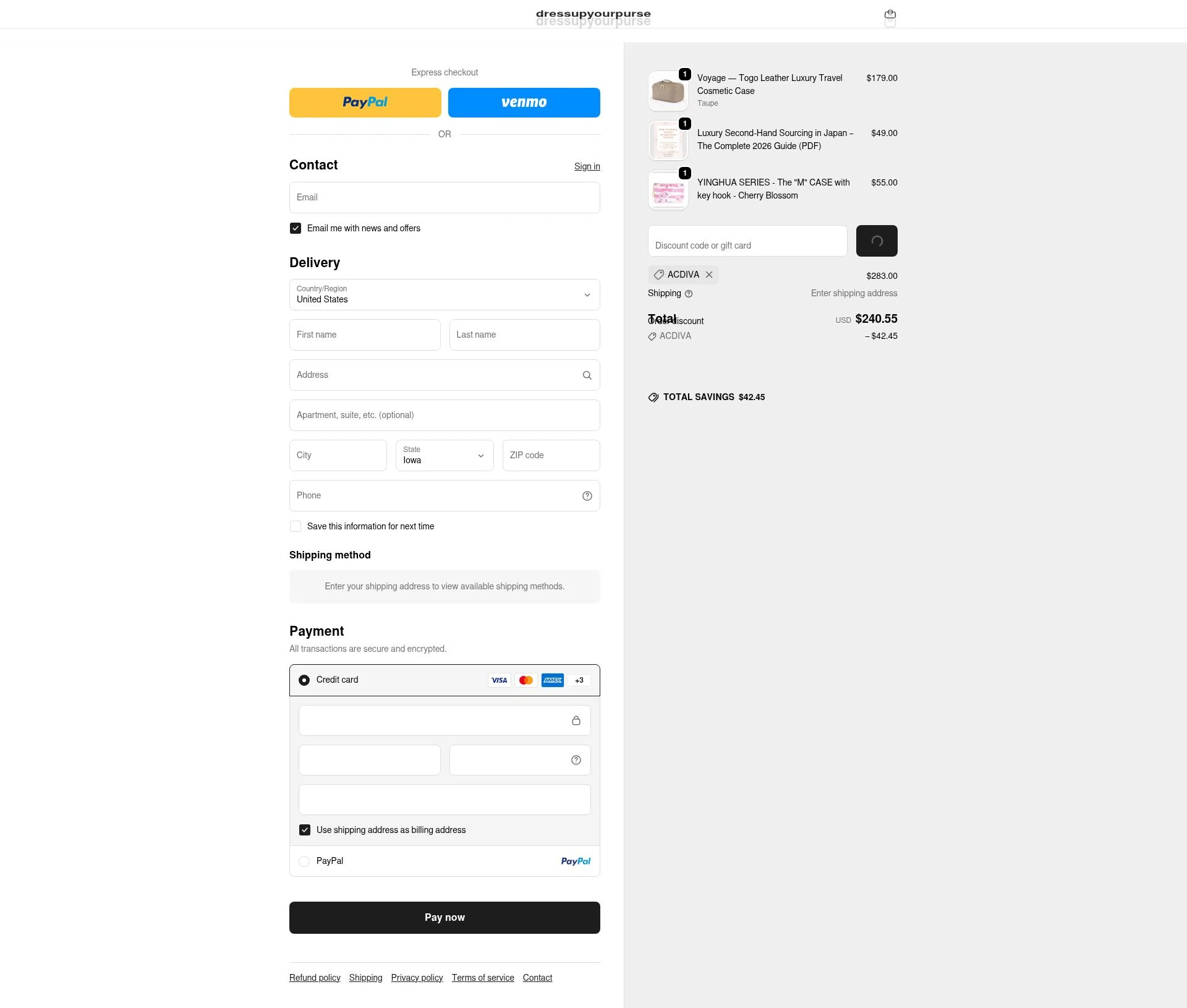 dressupyourpurse checkout page showing dressupyourpurse discount code box | Screenshot taken by SimplyCodes community member on Feb 7, 2026