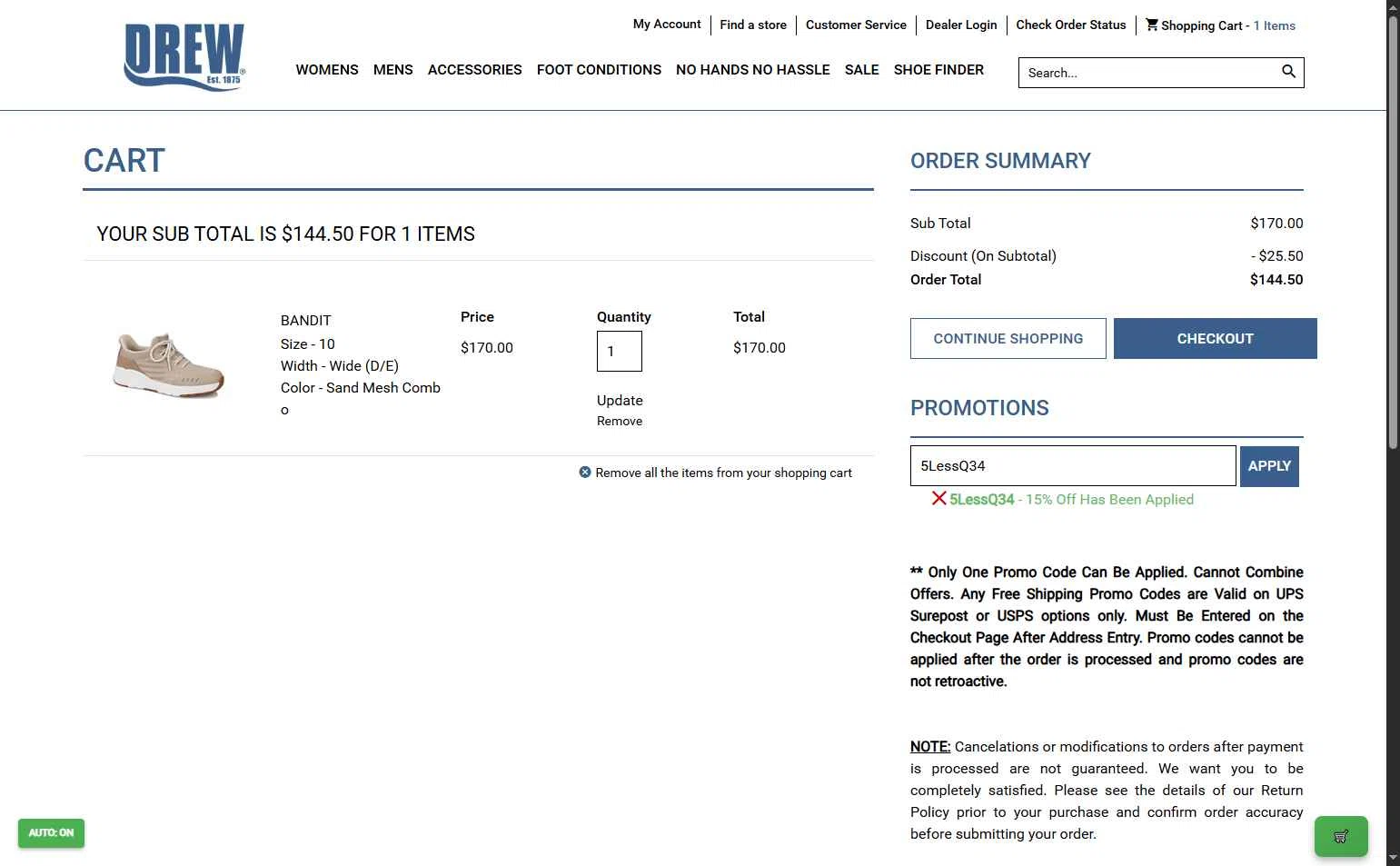 Drew Shoe checkout page showing Drew Shoe promo code box | Screenshot taken by SimplyCodes community member on Jan 6, 2026