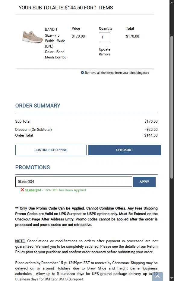 Drew Shoe checkout page showing Drew Shoe promo code box | Screenshot taken by SimplyCodes community member on Nov 23, 2025