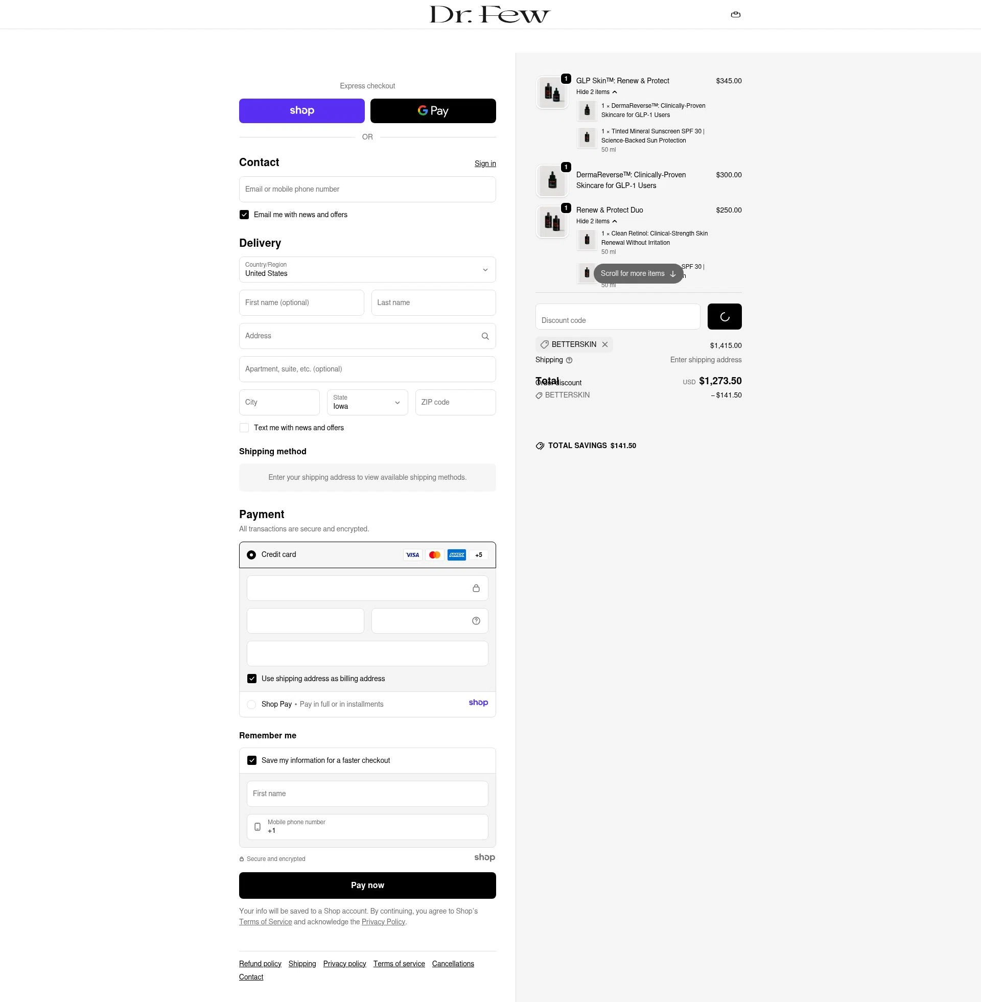 Dr. Few Skincare checkout page showing Dr. Few Skincare promo code box | Screenshot taken by SimplyCodes community member on Dec 24, 2025