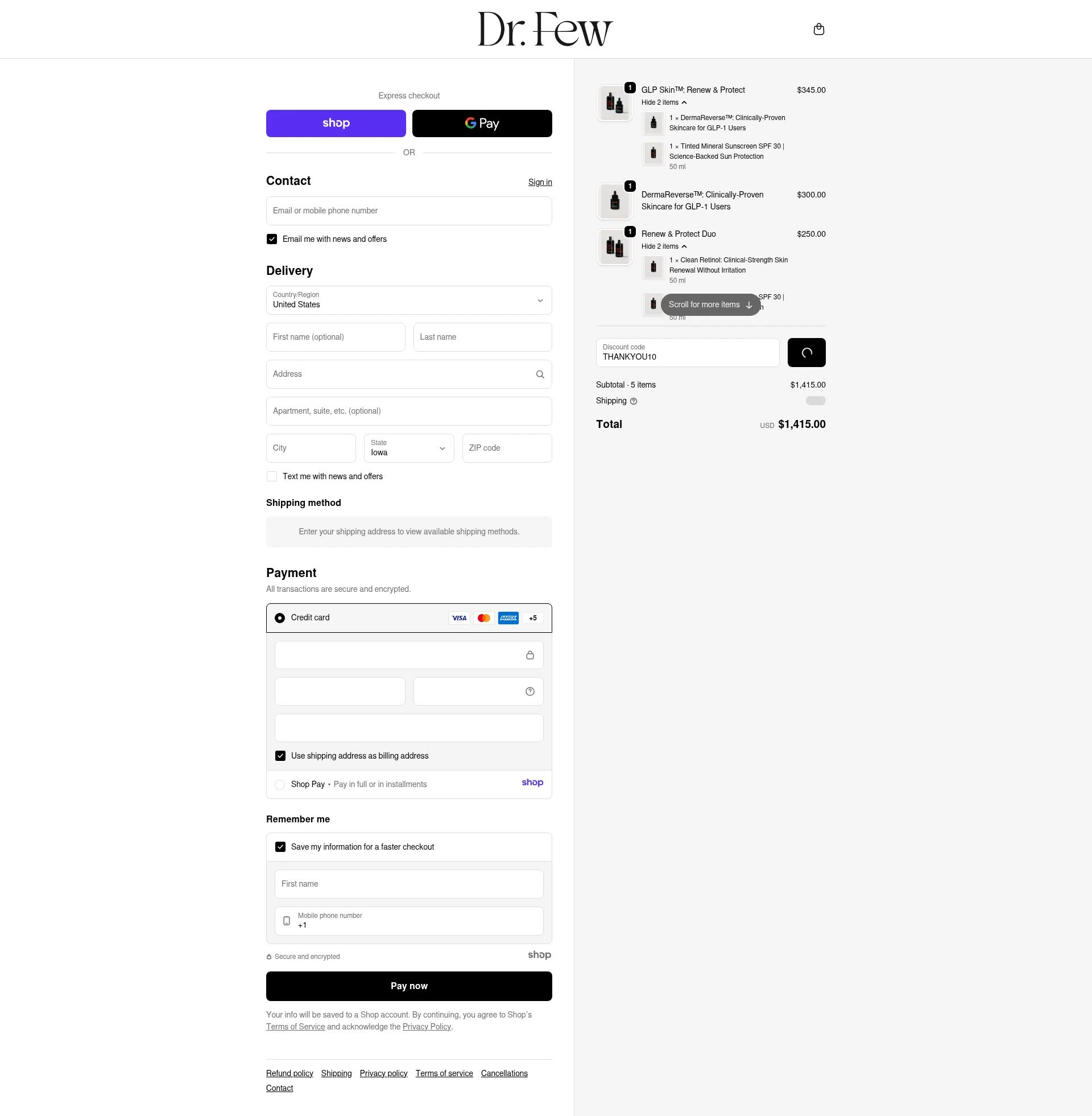Dr. Few Skincare checkout page showing Dr. Few Skincare promo code box | Screenshot taken by SimplyCodes community member on Dec 18, 2025