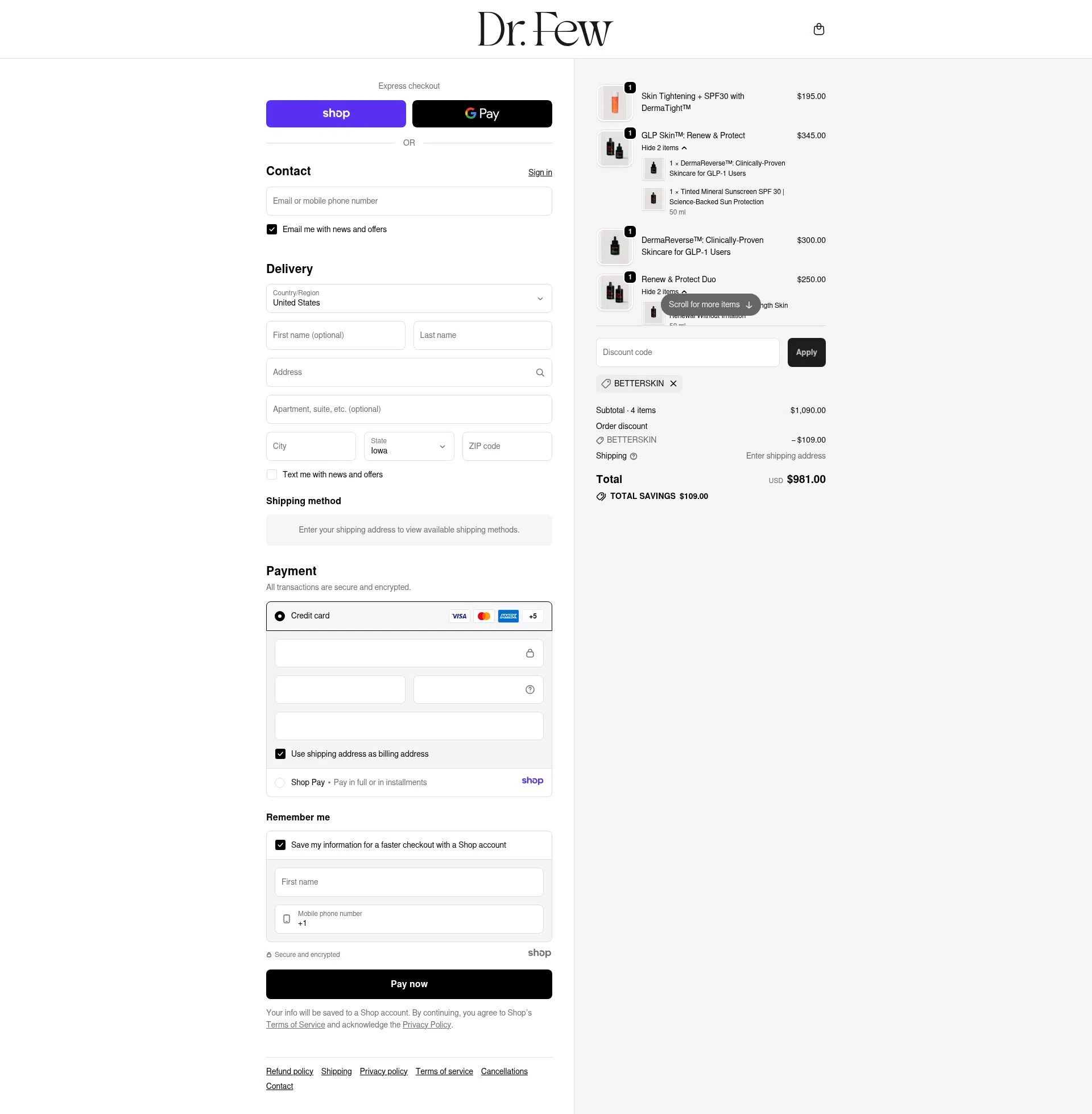 Dr. Few Skincare checkout page showing Dr. Few Skincare promo code box | Screenshot taken by SimplyCodes community member on Dec 6, 2025