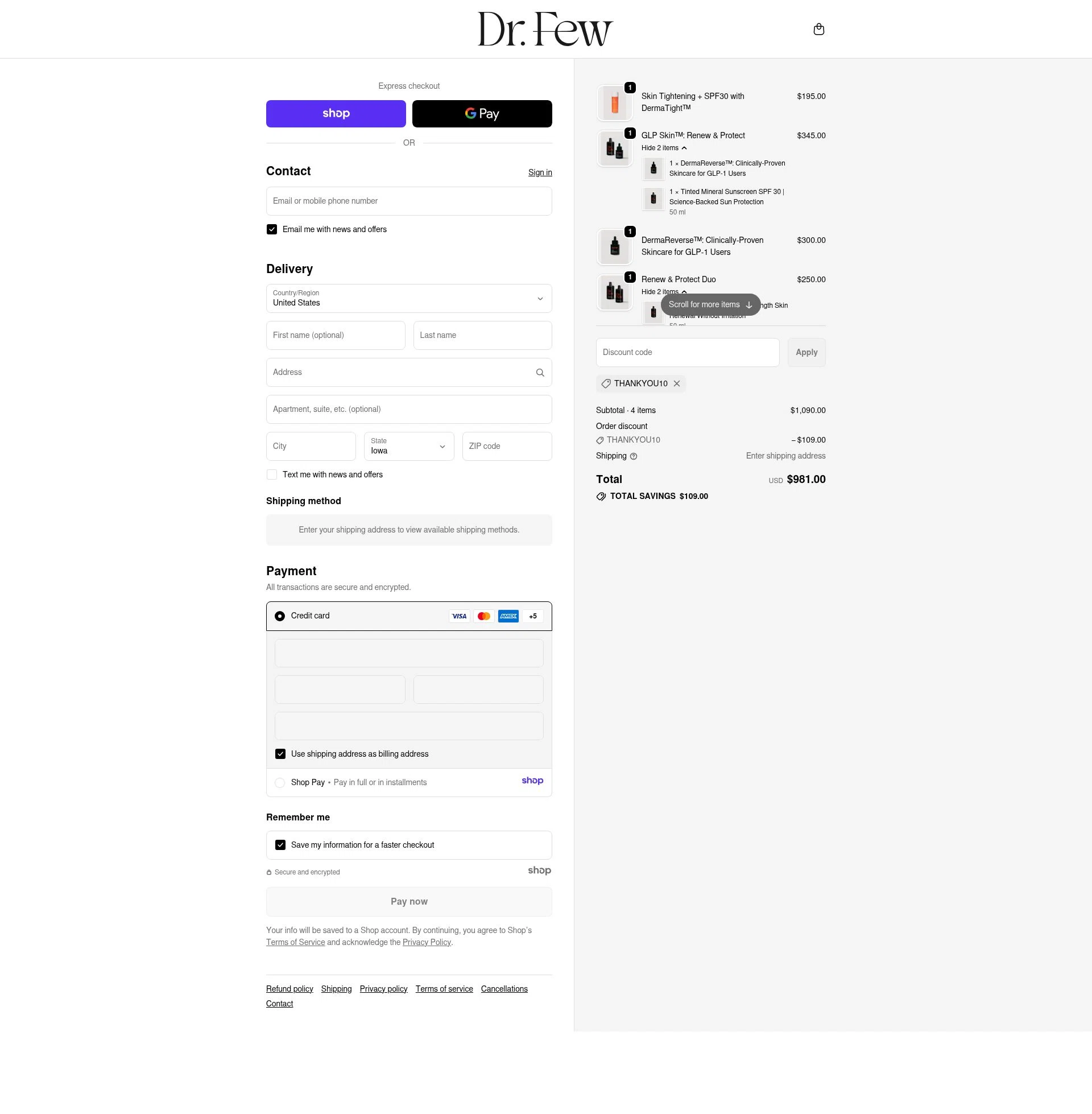 Dr. Few Skincare checkout page showing Dr. Few Skincare promo code box | Screenshot taken by SimplyCodes community member on Dec 12, 2025