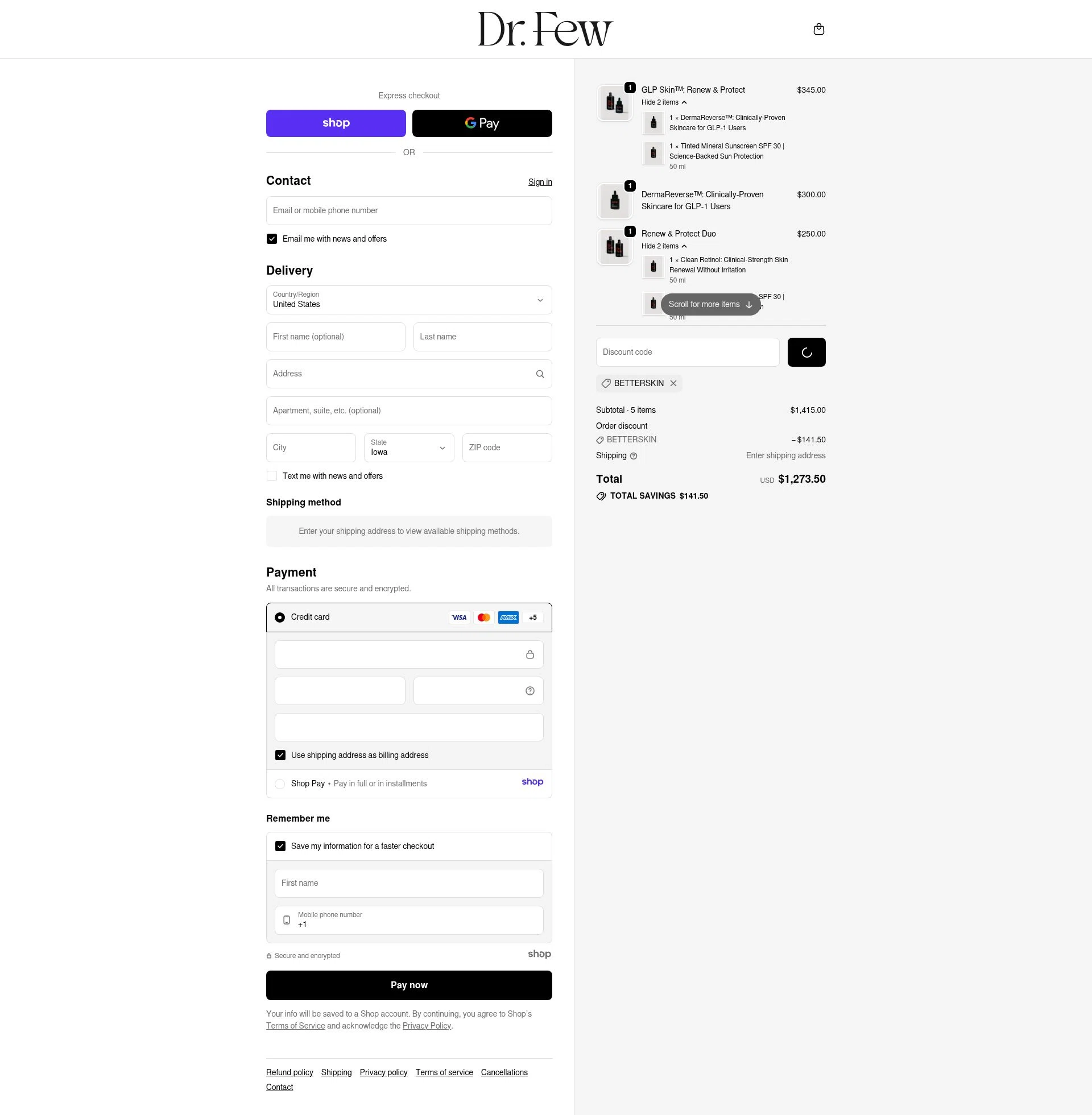 Dr. Few Skincare checkout page showing Dr. Few Skincare promo code box | Screenshot taken by SimplyCodes community member on Dec 29, 2025