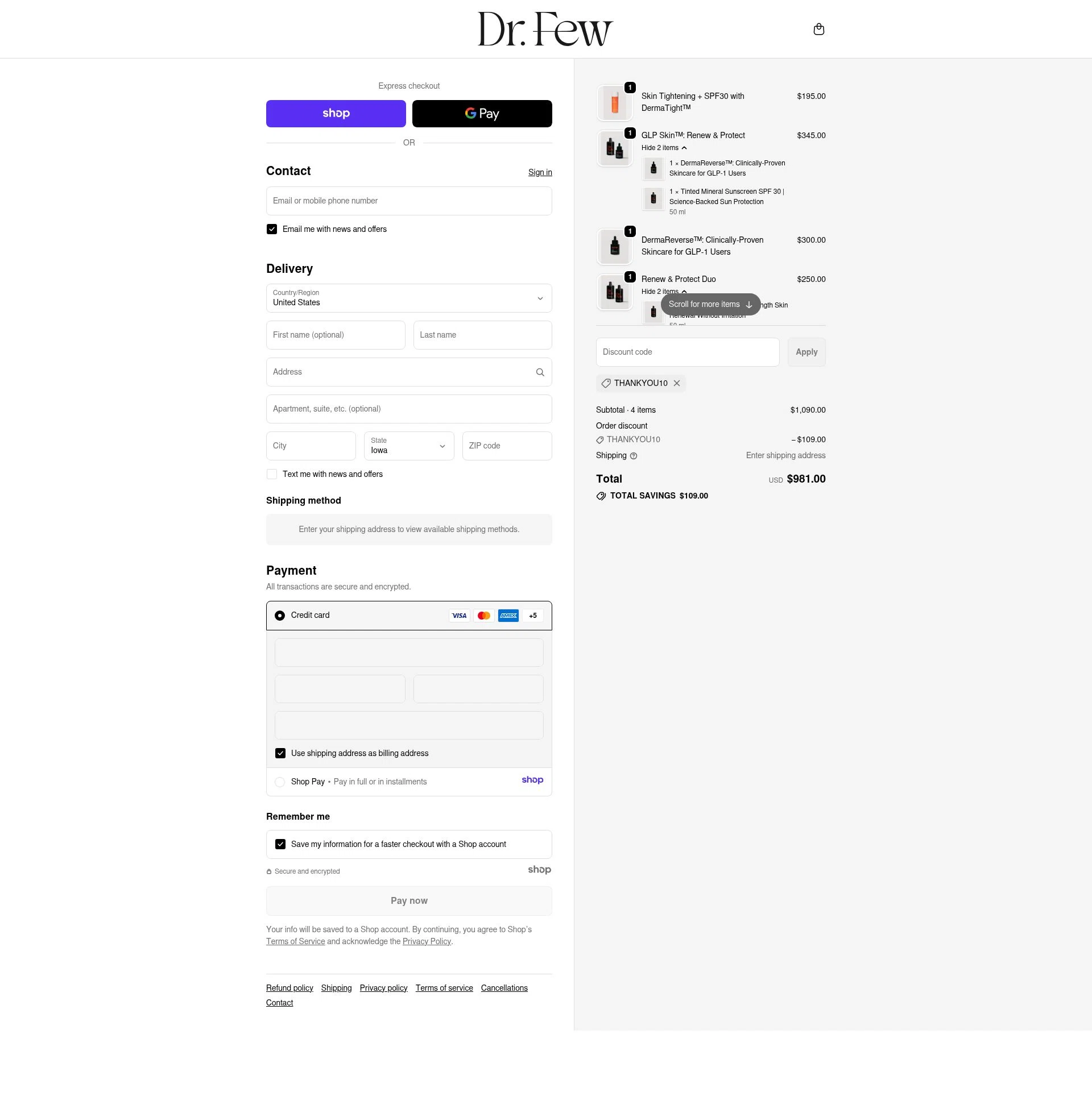 Dr. Few Skincare checkout page showing Dr. Few Skincare promo code box | Screenshot taken by SimplyCodes community member on Dec 6, 2025