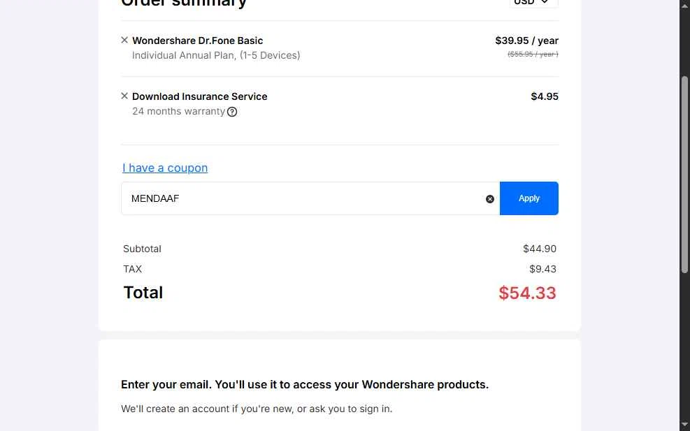 Dr.Fone checkout page showing Dr.Fone coupon code box | Screenshot taken by SimplyCodes community member on Jul 30, 2025