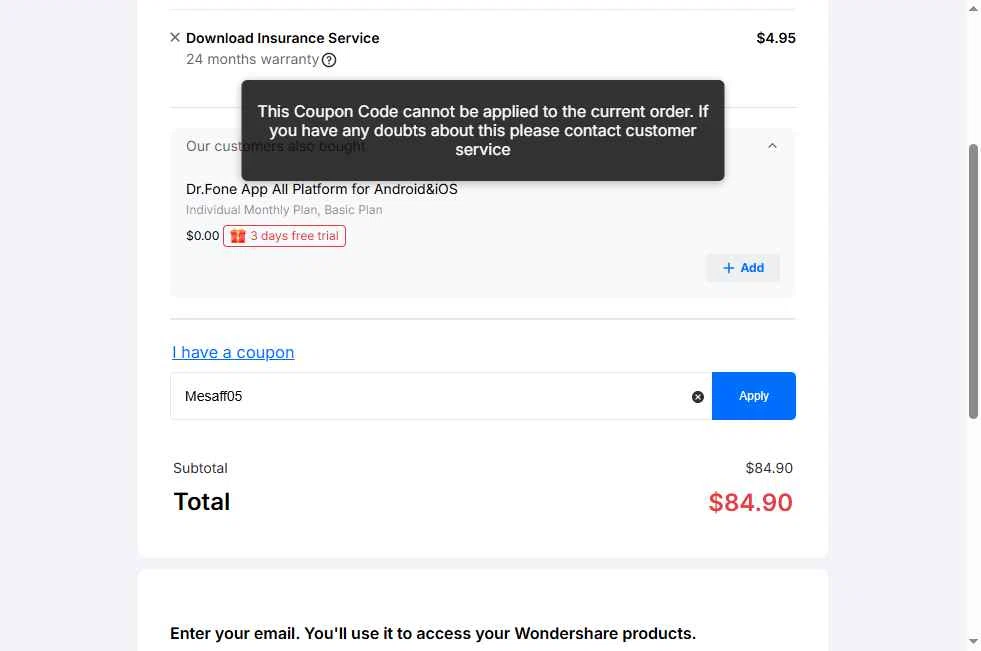 Dr.Fone checkout page showing Dr.Fone coupon code box | Screenshot taken by SimplyCodes community member on Oct 9, 2025