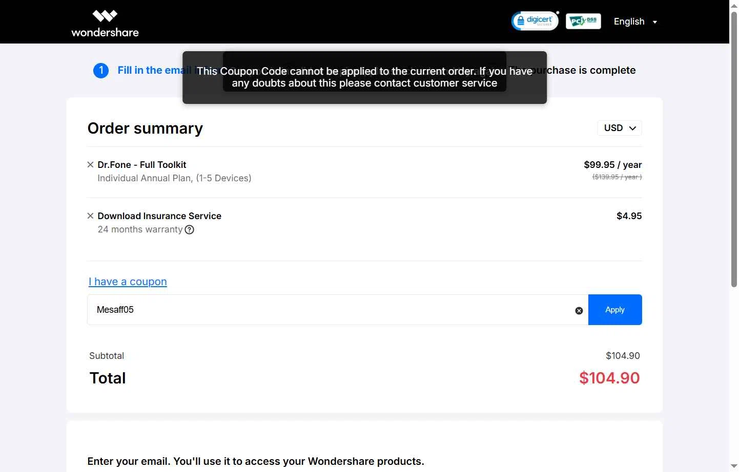 Dr.Fone checkout page showing Dr.Fone coupon code box | Screenshot taken by SimplyCodes community member on Sep 9, 2025