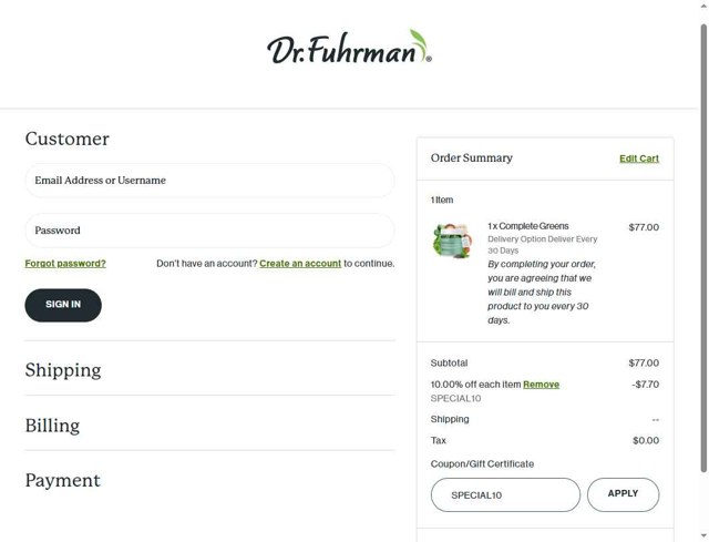 Dr. Fuhrman checkout page showing Dr. Fuhrman coupon code box | Screenshot taken by SimplyCodes community member on Sep 4, 2025
