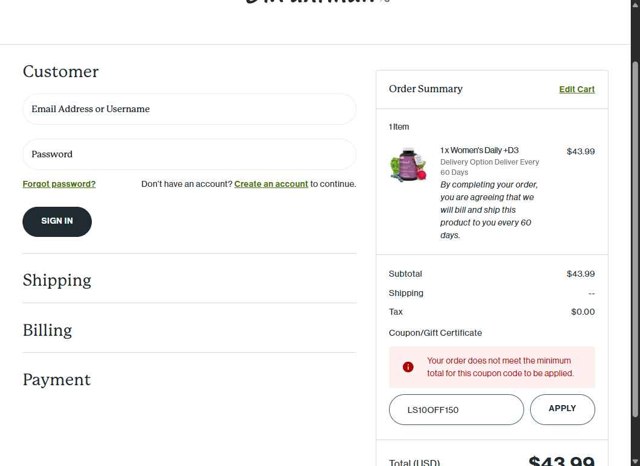 Dr. Fuhrman checkout page showing Dr. Fuhrman coupon code box | Screenshot taken by SimplyCodes community member on Aug 9, 2025