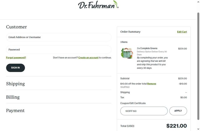 Dr. Fuhrman checkout page showing Dr. Fuhrman coupon code box | Screenshot taken by SimplyCodes community member on Aug 18, 2025