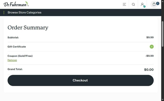 Dr. Fuhrman checkout page showing Dr. Fuhrman coupon code box | Screenshot taken by SimplyCodes community member on Aug 25, 2025