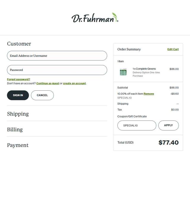 Dr. Fuhrman checkout page showing Dr. Fuhrman coupon code box | Screenshot taken by SimplyCodes community member on Jul 19, 2025