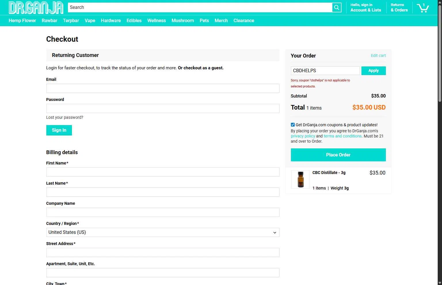 Dr.Ganja checkout page showing Dr.Ganja coupon code box | Screenshot taken by SimplyCodes community member on Feb 4, 2026