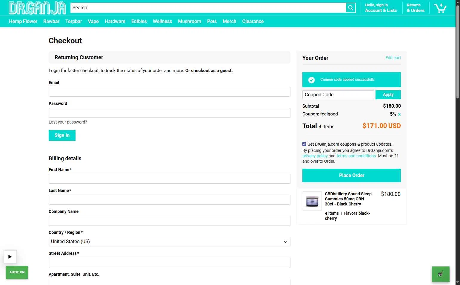 Dr.Ganja checkout page showing Dr.Ganja coupon code box | Screenshot taken by SimplyCodes community member on Feb 6, 2026