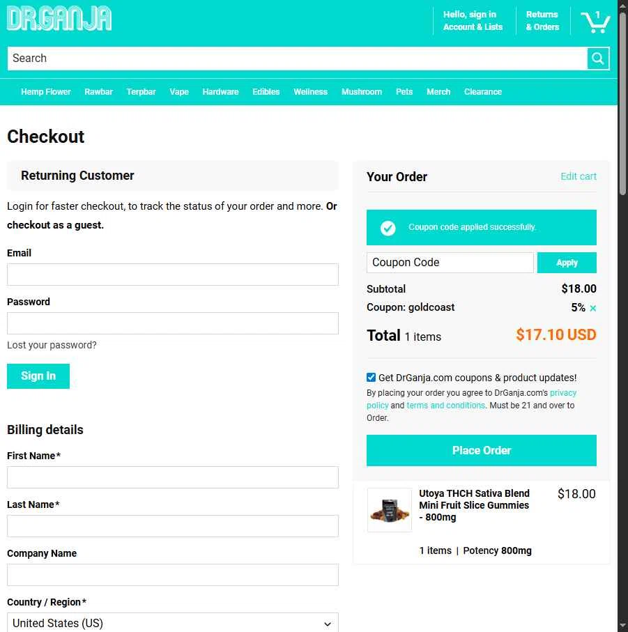 Dr.Ganja checkout page showing Dr.Ganja coupon code box | Screenshot taken by SimplyCodes community member on Feb 10, 2026