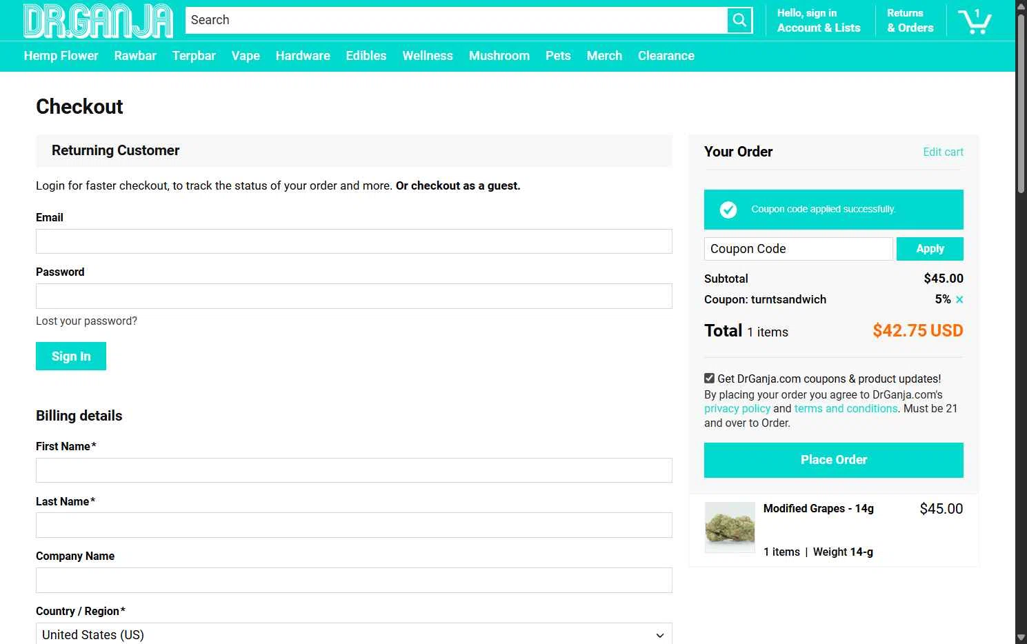 Dr.Ganja checkout page showing Dr.Ganja coupon code box | Screenshot taken by SimplyCodes community member on Feb 4, 2026