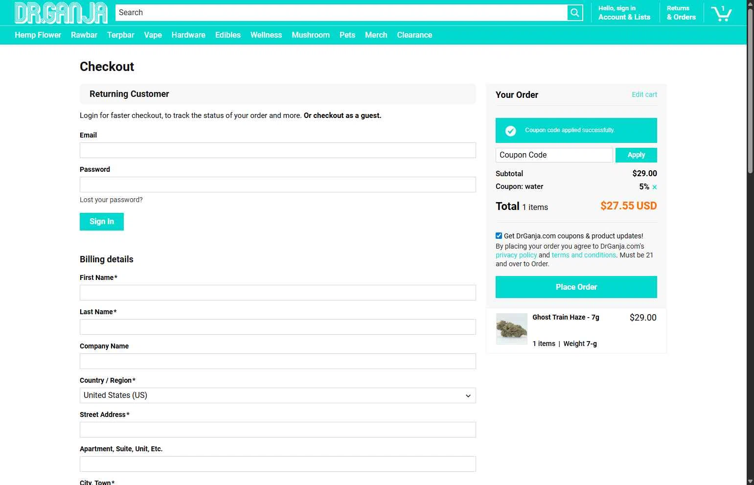 Dr.Ganja checkout page showing Dr.Ganja coupon code box | Screenshot taken by SimplyCodes community member on Feb 9, 2026
