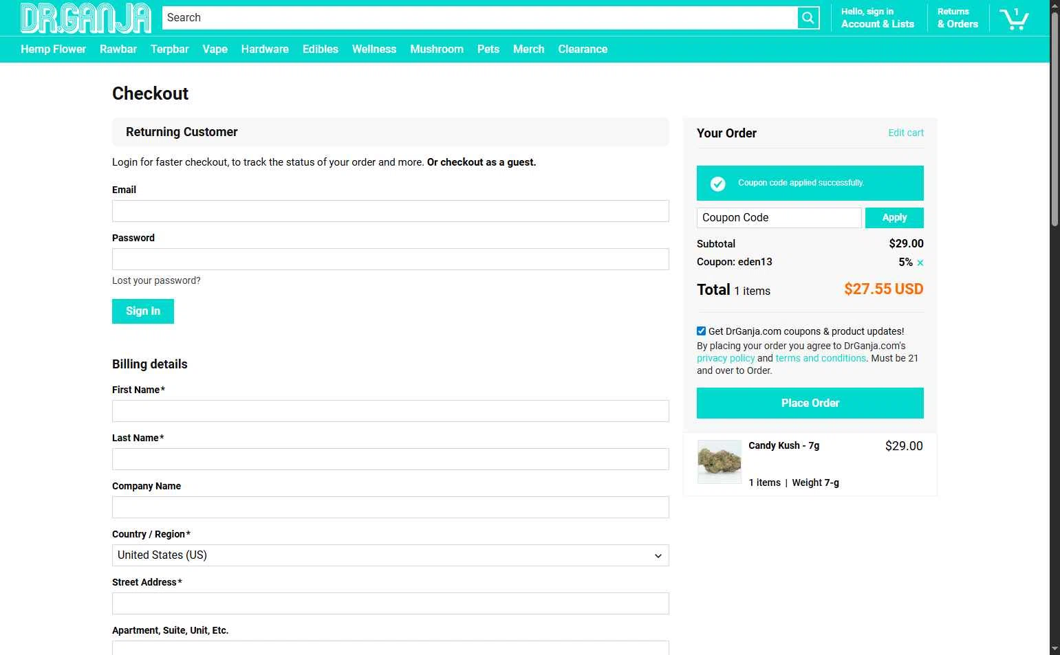 Dr.Ganja checkout page showing Dr.Ganja coupon code box | Screenshot taken by SimplyCodes community member on Feb 9, 2026