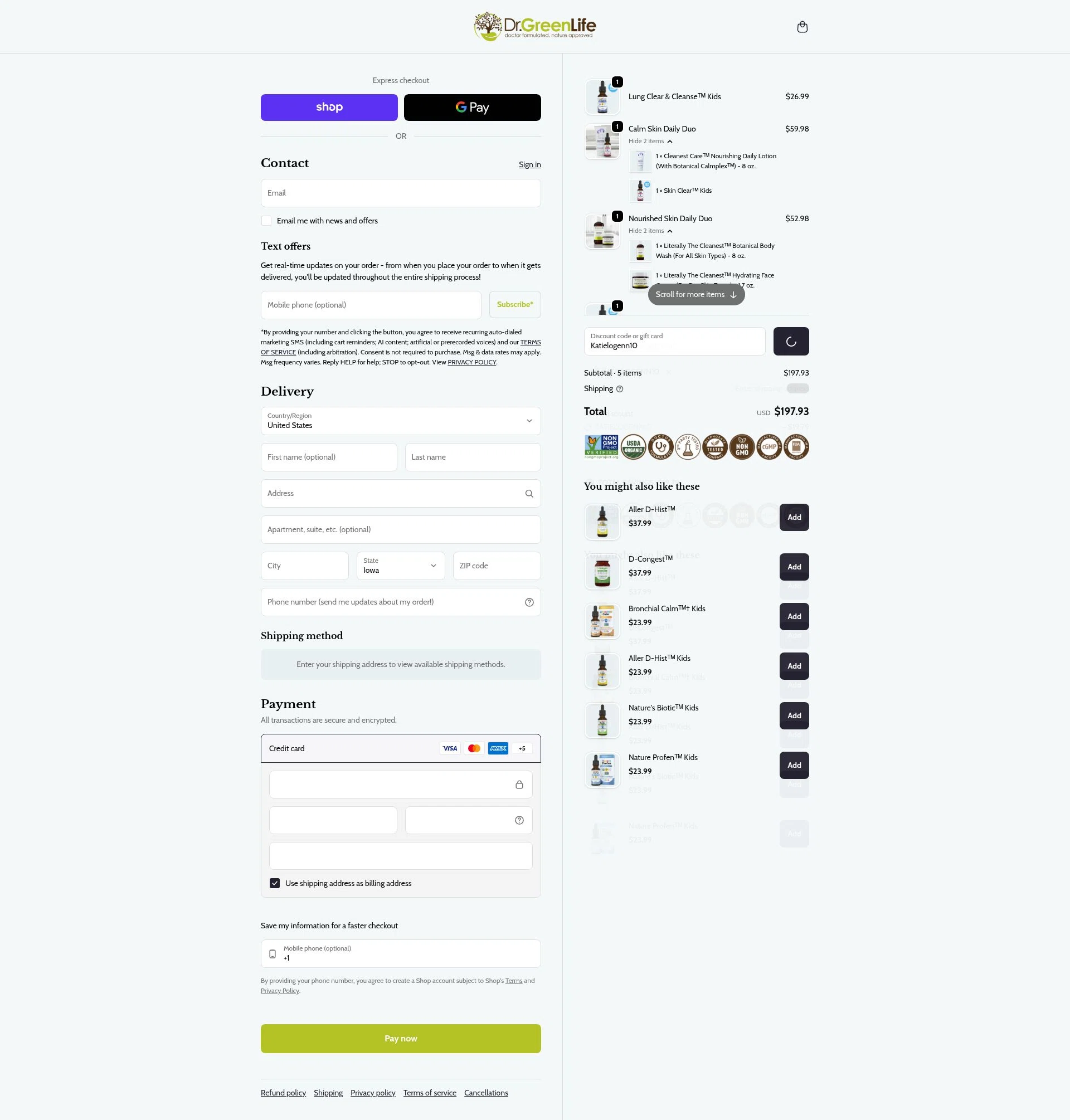 Dr. Green Life checkout page showing Dr. Green Life discount code box | Screenshot taken by SimplyCodes community member on Feb 4, 2026