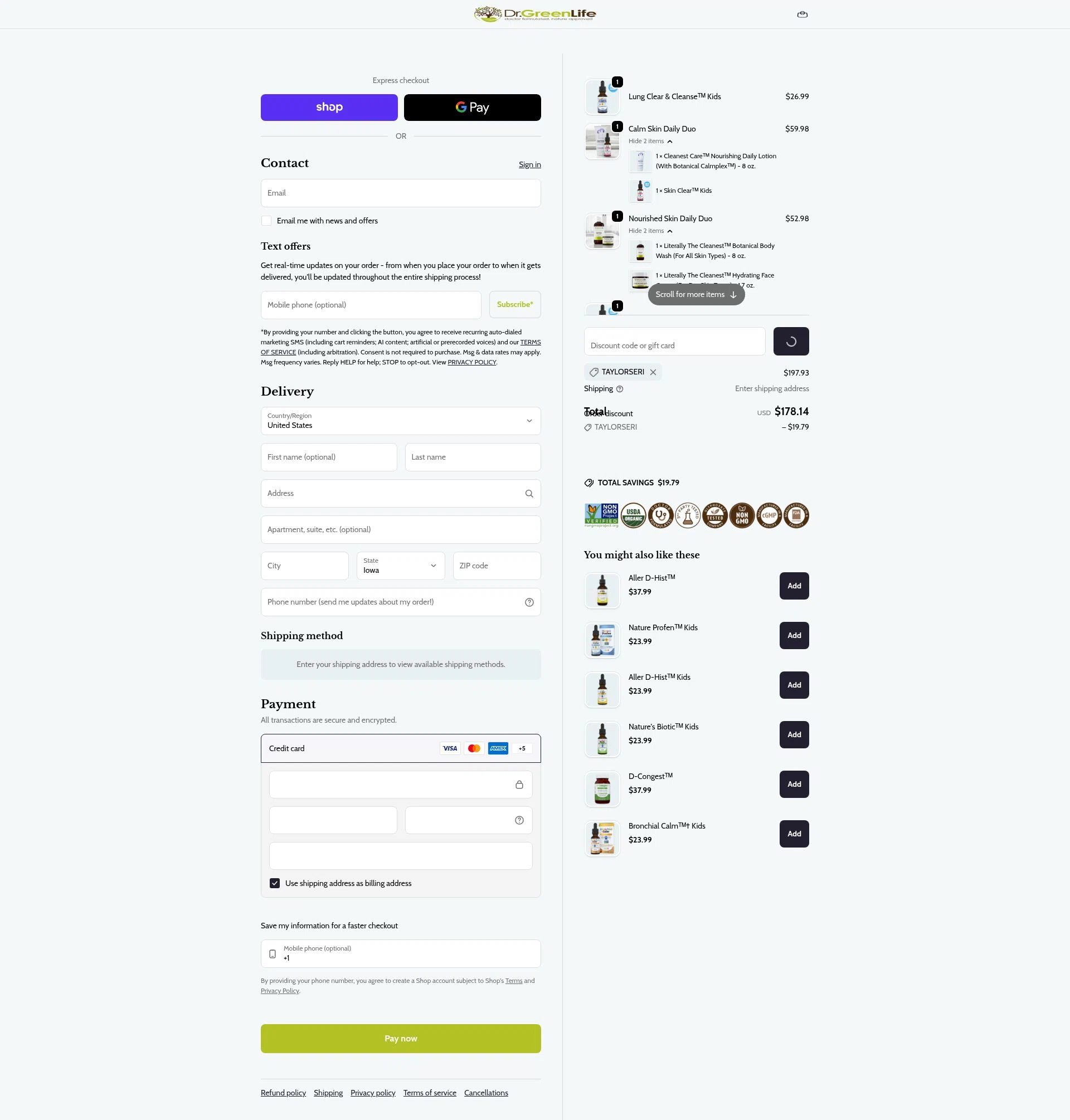 Dr. Green Life checkout page showing Dr. Green Life discount code box | Screenshot taken by SimplyCodes community member on Feb 8, 2026