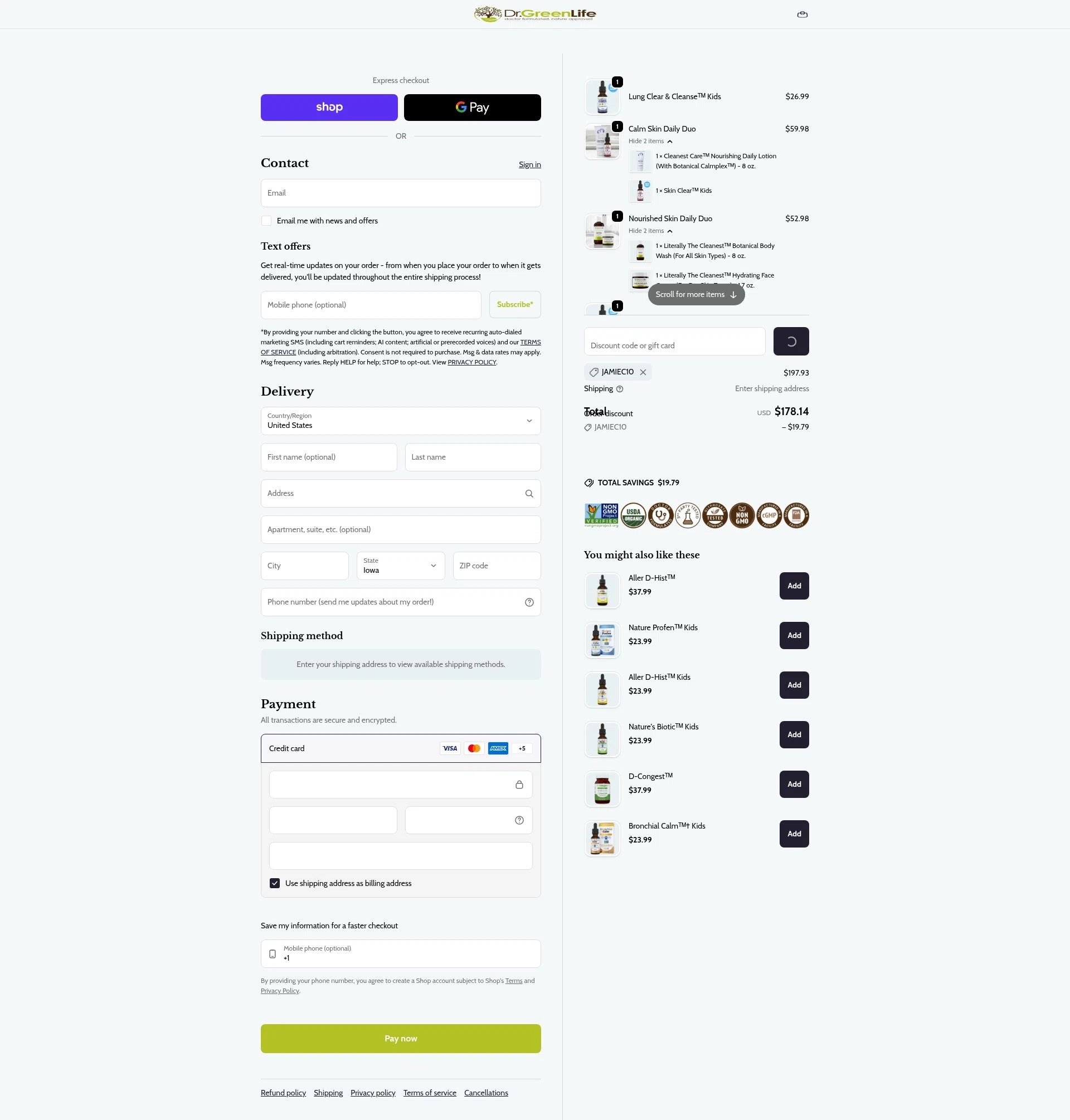 Dr. Green Life checkout page showing Dr. Green Life discount code box | Screenshot taken by SimplyCodes community member on Feb 8, 2026
