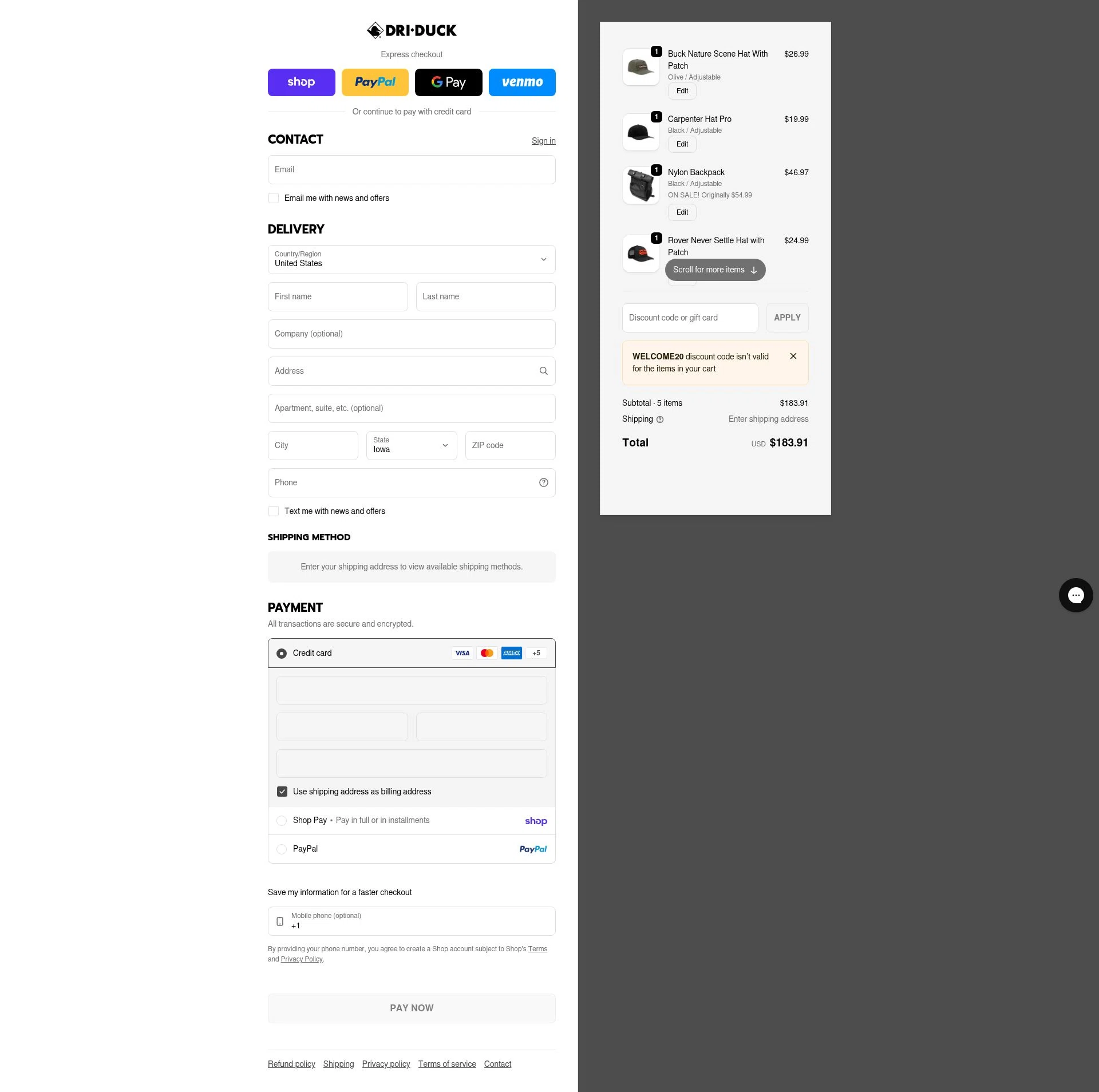 Dri Duck checkout page showing Dri Duck discount code box | Screenshot taken by SimplyCodes community member on Feb 19, 2026