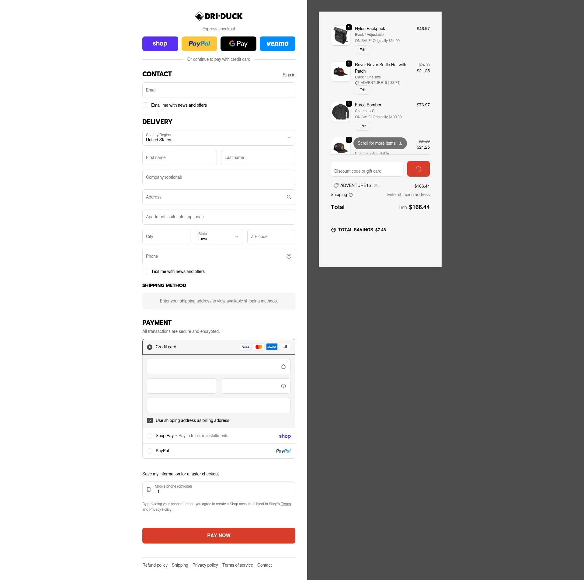 Dri Duck checkout page showing Dri Duck discount code box | Screenshot taken by SimplyCodes community member on Feb 15, 2026