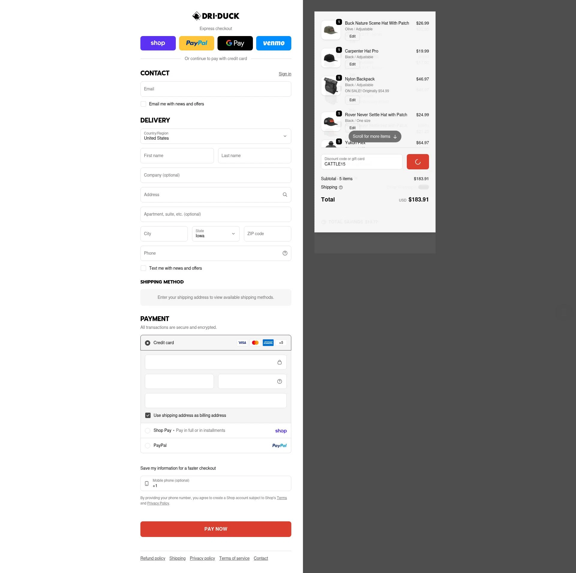 Dri Duck checkout page showing Dri Duck discount code box | Screenshot taken by SimplyCodes community member on Feb 19, 2026