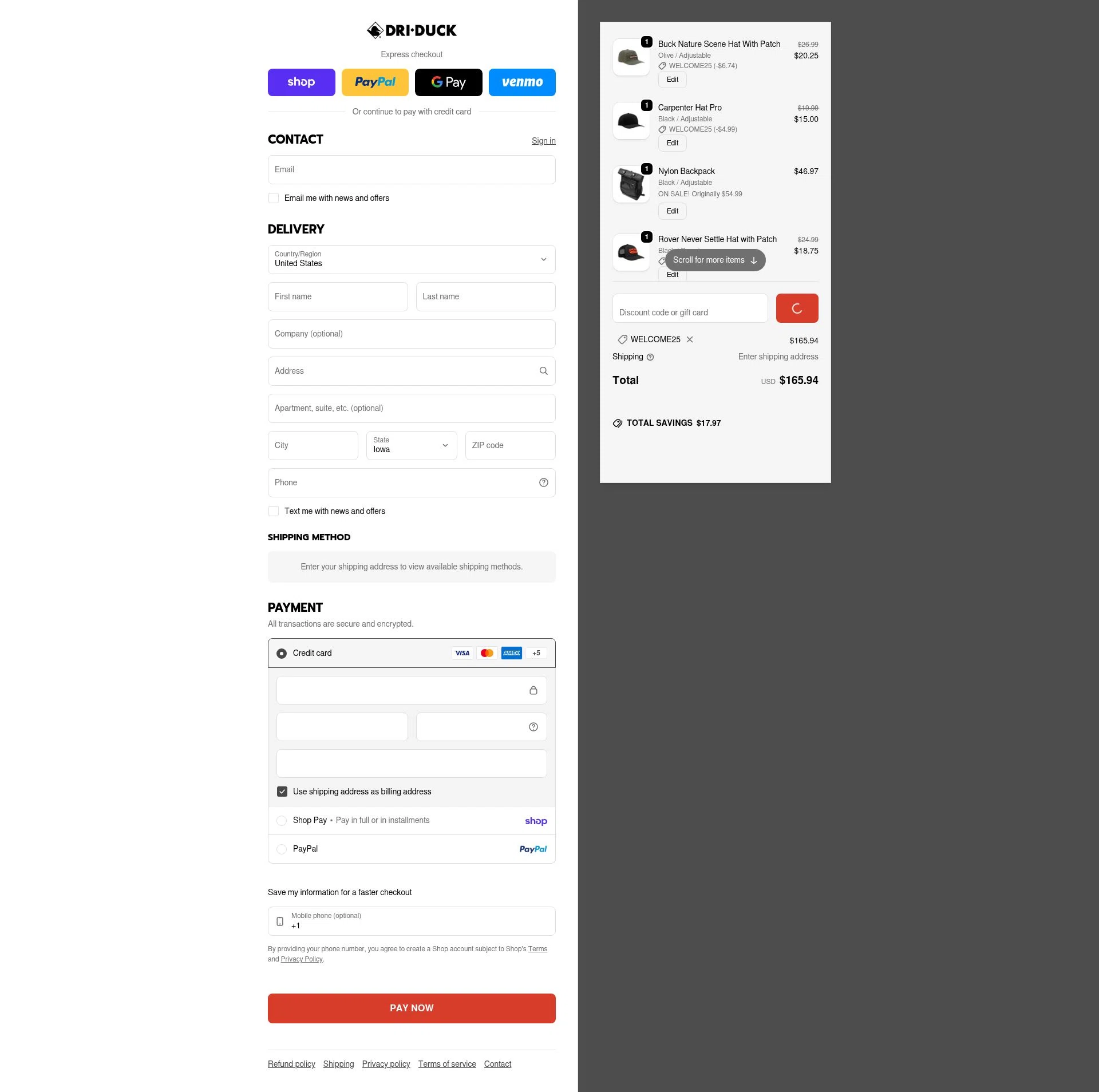 Dri Duck checkout page showing Dri Duck discount code box | Screenshot taken by SimplyCodes community member on Feb 19, 2026